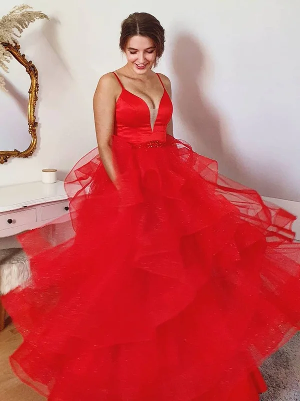 ready-to-wear party dressesShiny V Neck Open Back Puffy Red Tulle Long Prom Dresses, Red Tulle Formal Evening Dresses SP2293