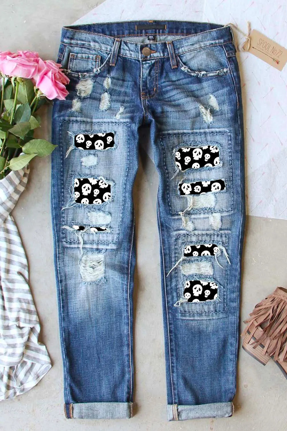 women's denim jeans for formal eventsDistressed Skeleton Pattern Jeans with Pockets