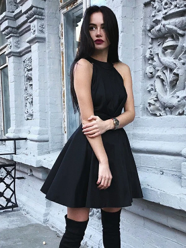 leather party dressesBlack A Line Round Neck Pleated Satin Homecoming Dresses Short Prom Dresses, Black Formal Graduation Evening Dresses