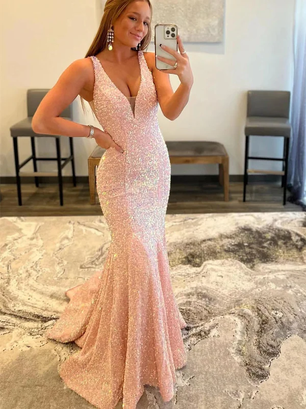 long party dressesShiny Pink Sequins V Neck Open Back Mermaid Long Prom Dresses, Mermaid Pink Formal Graduation Evening Dresses SP2361