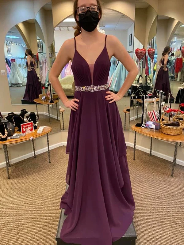 bridesmaid party dressesV Neck and V Back Purple Chiffon Long Prom Dresses with Belt, V Neck Purple Formal Graduation Evening Dresses SP2376