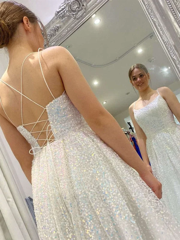 sequined party dressesShiny Sequins Open Back Ivory Long Prom Dresses, Sparkly Ivory Formal Graduation Evening Dresses SP2271