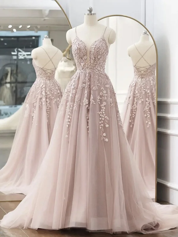 cocktail party dressesA Line V Neck Backless Pink Lace Floral Long Prom Dresses, Pink Lace Formal Graduation Evening Dresses SP2114