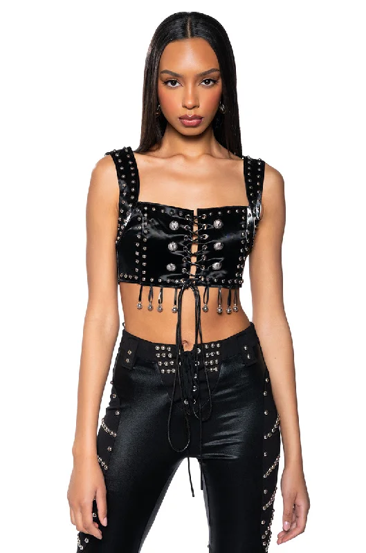 women's tops with built-in brasINTRICATE DETAILS SLEEVELESS LACE UP BRALETTE TOP