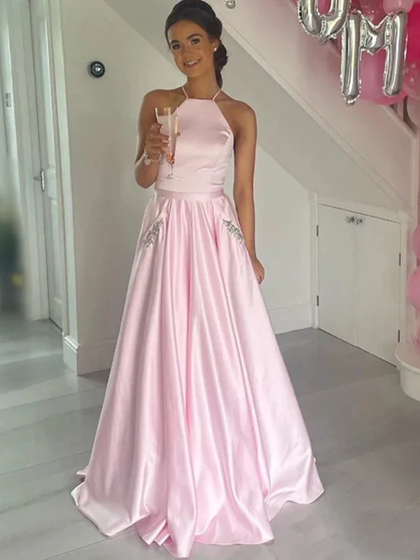 silk party dressesA Line Backless Pink Satin Long Prom Dresses with Pocket, Long Pink Formal Graduation Evening Dresses SP2420