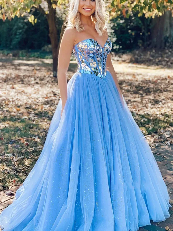 leather party dressesBling Bling Strapless Sequins Blue Tulle Long Prom Dresses, Blue Tulle Formal Graduation Evening Dresses SP2350