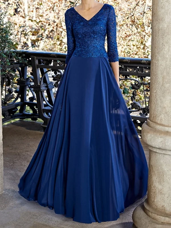 sweetheart-neck party dressesV Neck Half Sleeves Blue Lace Long Prom Dresses, Blue Chiffon Formal Dresses, Blue Evening Dresses SP2220