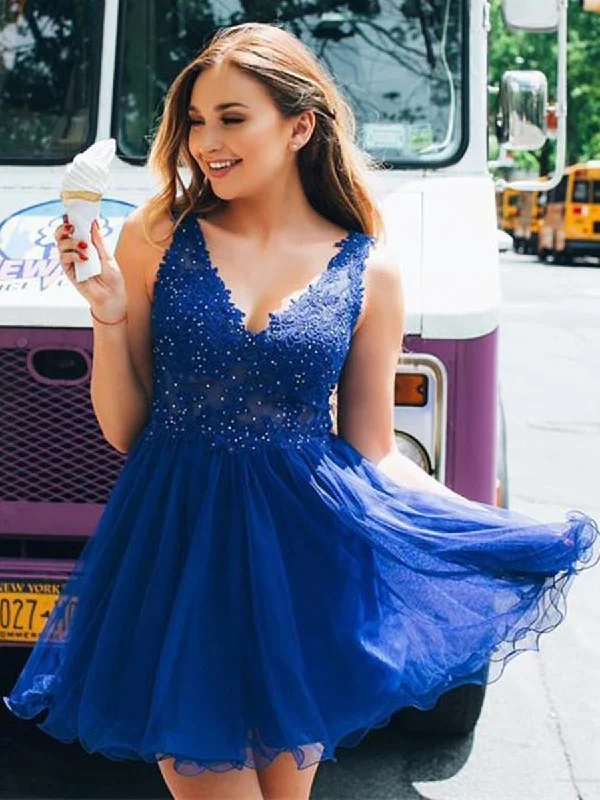 curve-hugging party dressesCute V Neck Open Back Lace Beading Royal Blue Short Prom Dresses Homecoming Dresses, Royal Blue Lace Formal Dresses, Evening Dresses 2019