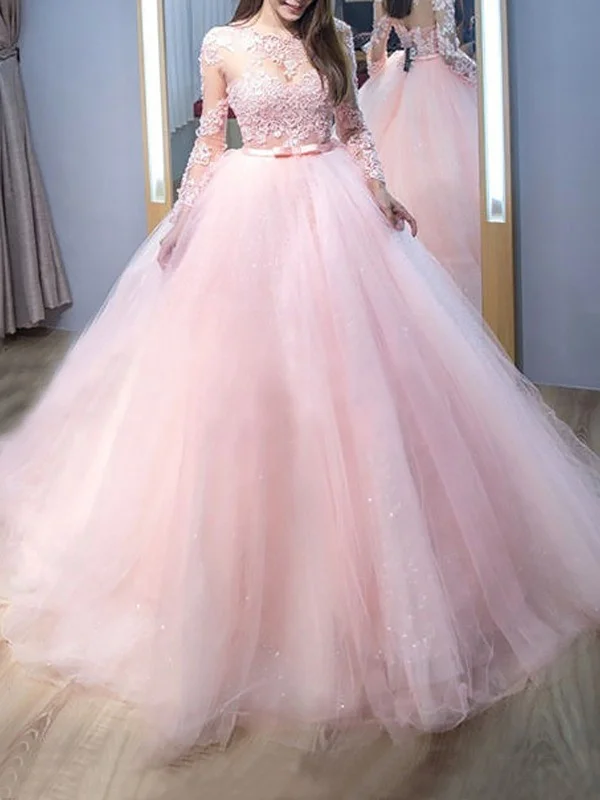 metallic party dressesRound Neck Long Sleeves Pink Lace Long Prom Dresses, Long Sleeves Pink Formal Evening Dresses, Pink Lace Ball Gown SP2180