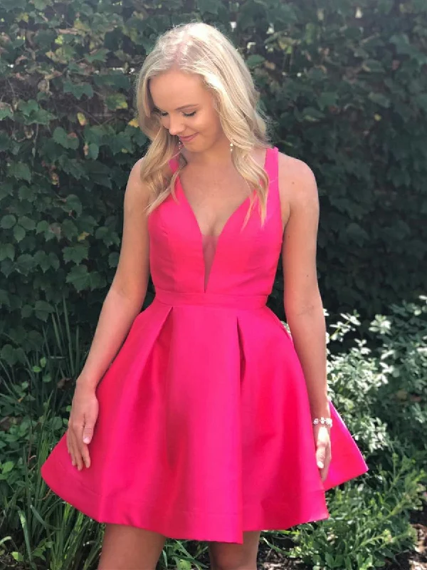 Halloween party dressesCute V Neck Open Back Fuchsia Short Prom Dresses Homecoming Dresses, Fuchsia Short Formal Dresses, Fuchsia Graduation Evening Dresses