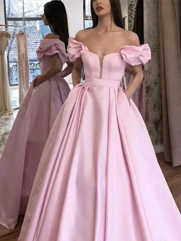 beach party dressesOff Shoulder Pink Satin Long Prom Dresses, Off the Shoulder Pink Formal Dresses, Pink Evening Dresses SP2320