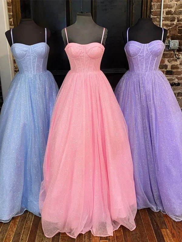 leather party dressesA Line Spaghetti Straps Blue/Pink/Lilac Tulle Long Prom Dresses, Shiny Blue/Pink/Lilac Formal Evening Dresses SP2265