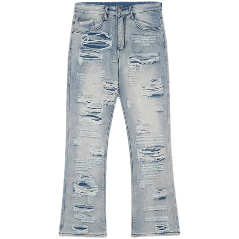 women's denim jeans with embroidery on pocketsAmerican high street damage ripped straight jeans