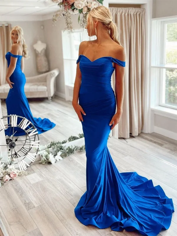 peplum party dressesOff Shoulder Mermaid Blue Long Prom Dresses, Mermaid Blue Formal Dresses, Blue Evening Dresses SP2338