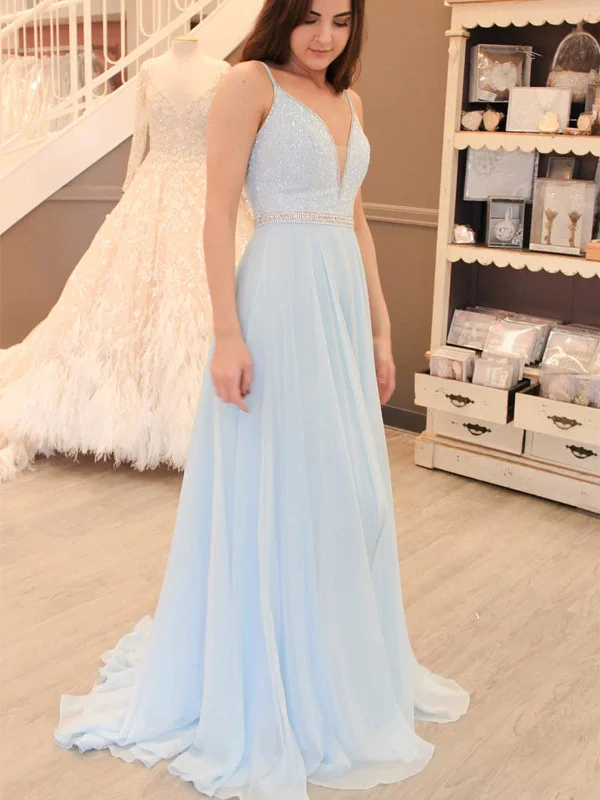 high-low party dressesV Neck Beaded Baby Blue Long Prom Dresses, Open Back Beaded Baby Blue Formal Evening Dresses SP2341