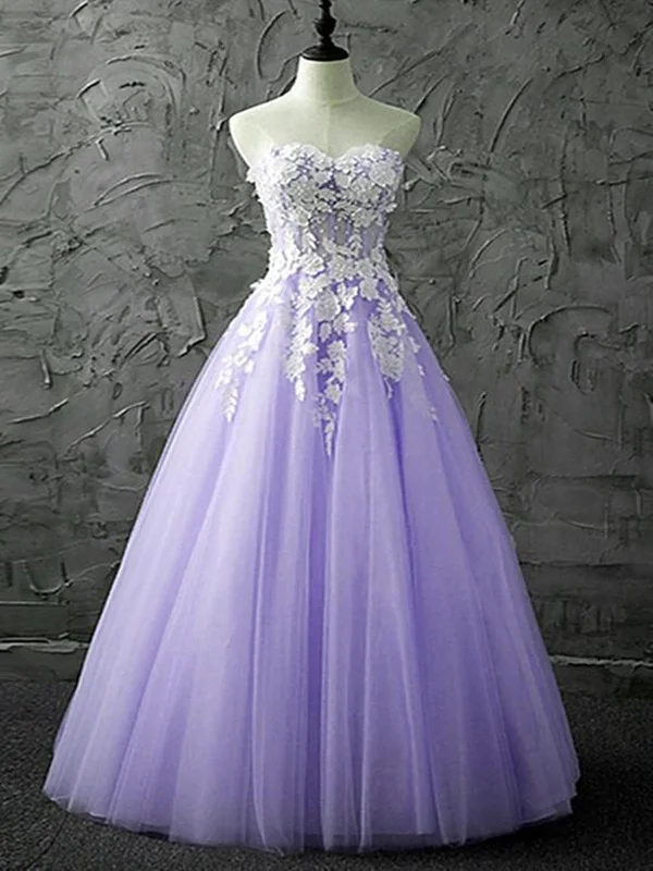 halter-neck party dressesStrapless Sweetheart Neck Purple Lace Long Prom Dresses, Lilac Lace Formal Evening Dresses