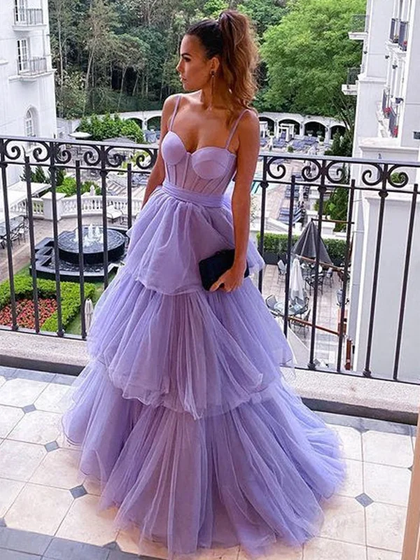 lightweight party dressesOpen Back Spaghetti Straps Lilac Tulle Layered Long Prom Dresses, Purple Tulle Formal Evening Dresses SP2287