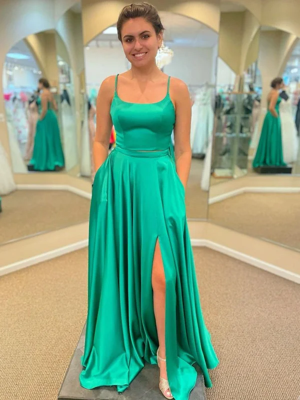 chic party dressesSimple Open Back Green Satin Long Prom Dresses with High Slit, Long Green Formal Graduation Evening Dresses SP2362