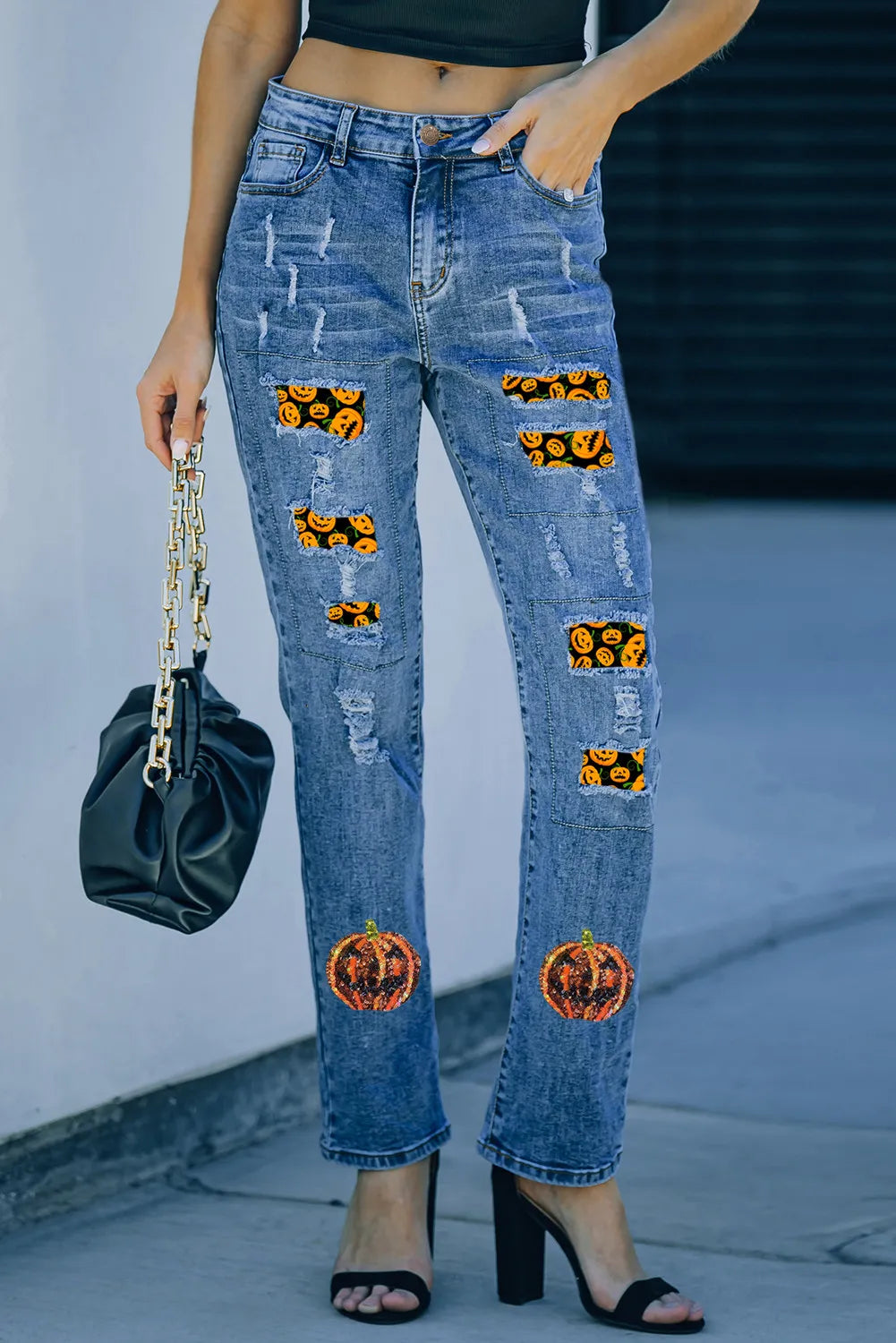 women's denim jeans with functional pocketsPumpkin Distressed Straight Jeans