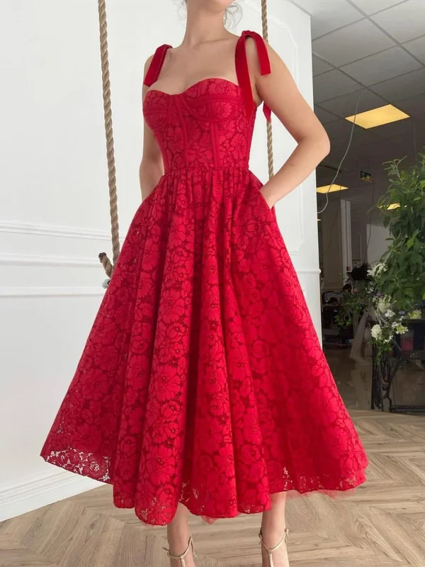 long party dressesA Line Red Lace Tea Length Prom Dresses with Pocket, Red Lace Formal Evening Dresses