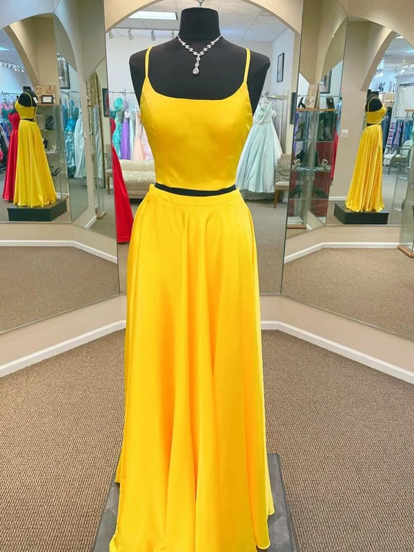 halter-neck party dressesSimple Two Pieces Yellow Satin Long Prom Dresses, 2 Pieces Yellow Formal Graduation Evening Dresses SP2349