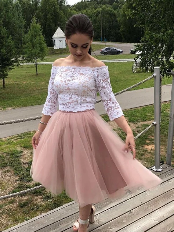 handmade party dressesTwo Pieces Long Sleeves White Lace Top Pink Short Prom Dresses Homecoming Dresses, Long Sleeves Lace Formal Dresses, Evening Dresses