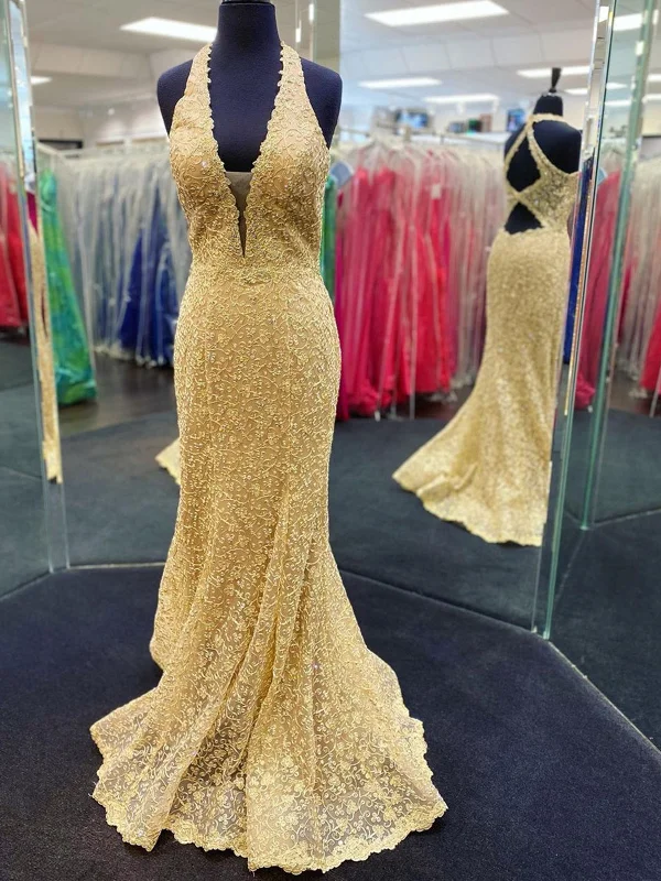 sequined party dressesMermaid V Neck Open Back Golden Lace Long Prom Dresses, Mermaid Golden Formal Dresses, Golden Lace Evening Dresses SP2141