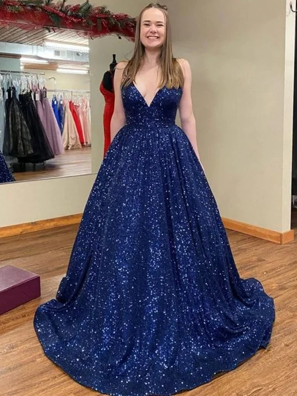 cotton party dressesShiny V Neck Navy Blue Long Prom Dresses, Sparkly Navy Blue Formal Evening Dresses, Ball Gown SP2333