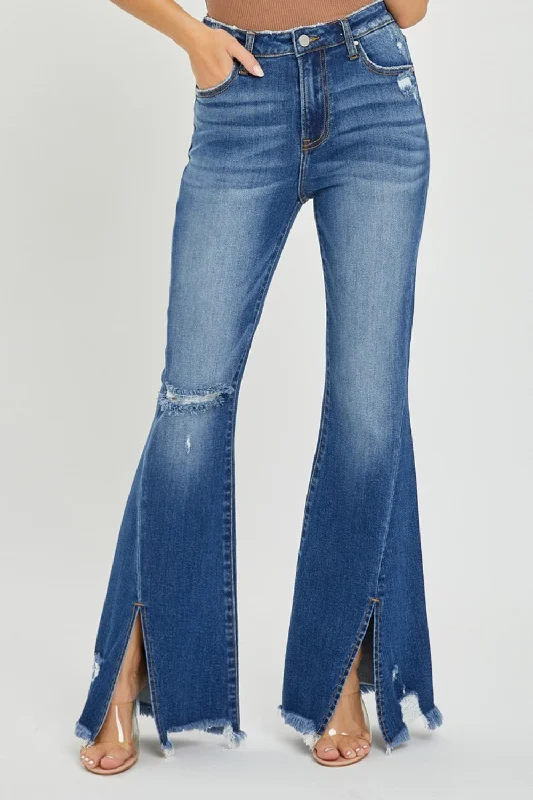 women's ankle-length denim jeansRISEN High Rise Front Slit Frayed Hem Flare Jeans