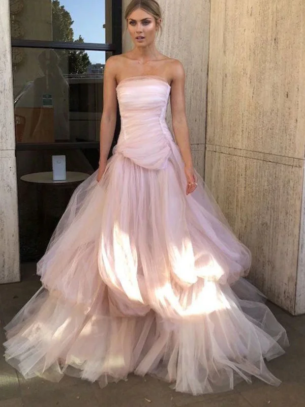 maximalist party dressesGorgeous Strapless Layered Light Pink Tulle Long Prom Dresses, Light Pink Tulle Formal Graduation Evening Dresses SP2390