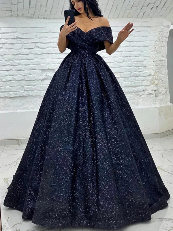 spring party dressesShiny Off Shoulder Navy Blue Long Prom Dresses, Long Navy Blue Formal Graduation Evening Dresses, Ball Gown SP2511