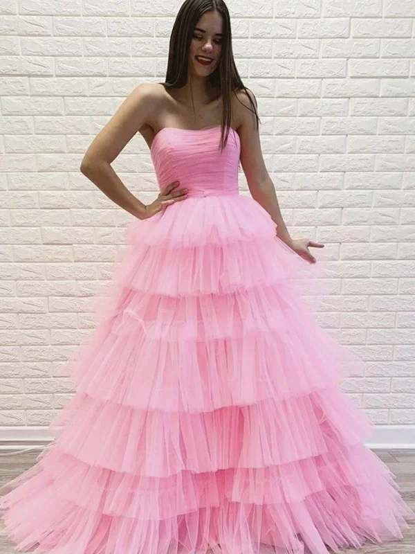 custom-made party dressesGorgeous Strapless Layered Pink Tulle Long Prom Dresses, Pink Tulle Formal Evening Dresses SP2384