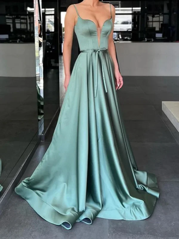 mother-of-the-bride party dressesA Line V Neck Green Satin Long Prom Dresses, V Neck Green Formal Graduation Evening Dresses SP2483