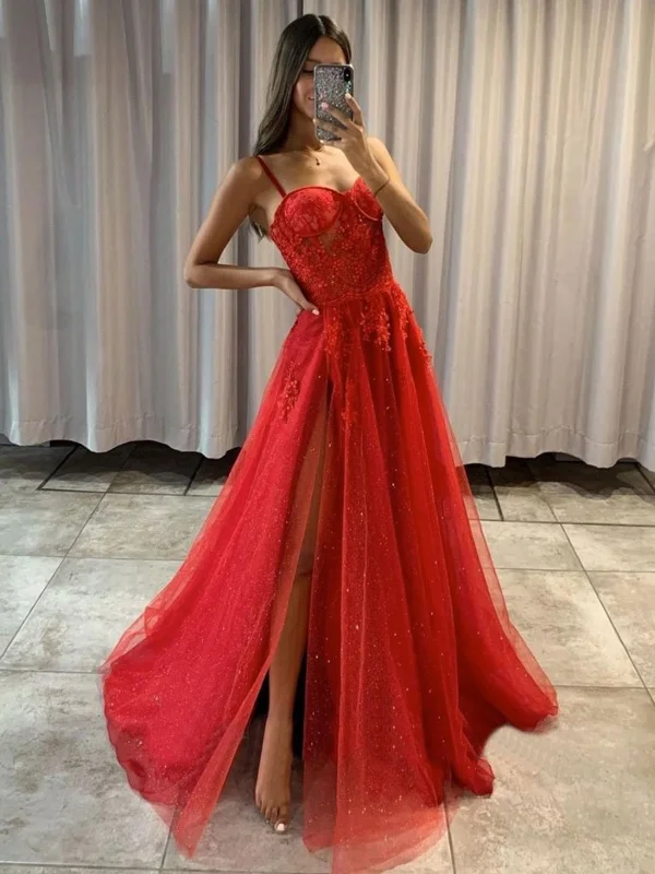 chiffon party dressesShiny Sweetheart Neck Red Lace Long Prom Dresses, High Slit Red Lace Formal Dresses, Red Lace Evening Dresses SP2120