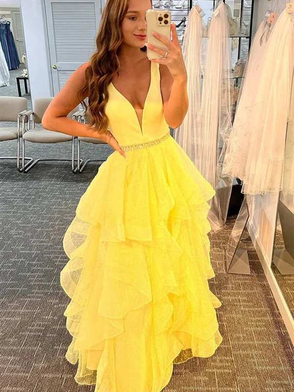 bold color party dressesV Neck Layered Yellow Tulle Long Prom Dresses with Belt, V Neck Yellow Formal Graduation Evening Dresses SP2296