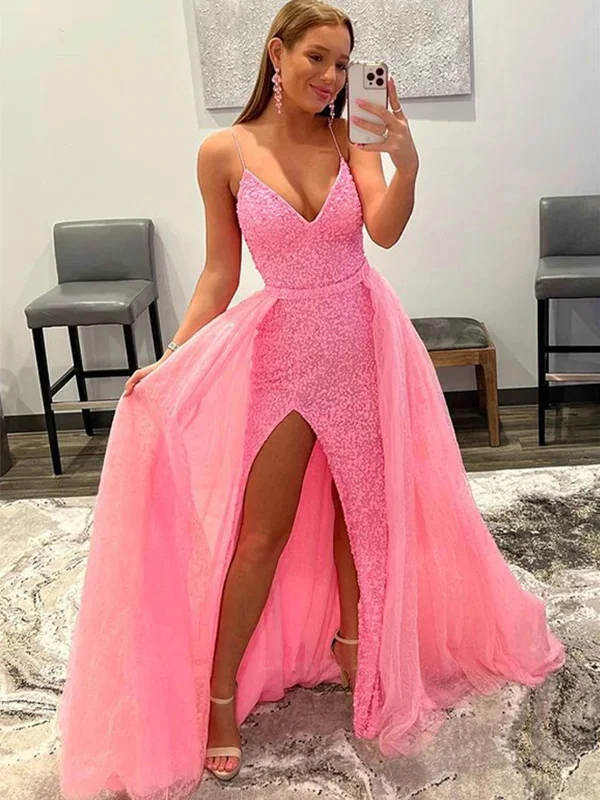 clubwear party dressesShiny Pink Sequins V Neck Mermaid Long Prom Dresses with High Slit, Mermaid Pink Formal Graduation Evening Dresses SP2326