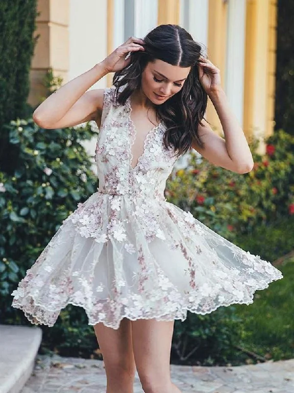 chiffon party dressesA Line V Neck Lace Appliques Ivory Homecoming Dresses Short Prom Dresses with Flower, Lace Ivory Formal Dresses, Evening Dresses, Graduation Dresses