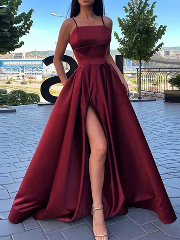 sequined party dressesA Line Burgundy/Black/Red Satin Long Prom Dresses with High Slit, Long Burgundy/Black/Red Formal Graduation Evening Dresses SP2465