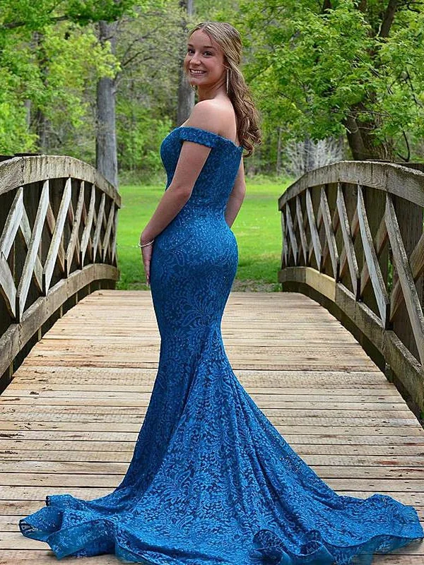 polka dot party dressesOff Shoulder Mermaid Blue Lace Long Prom Dresses, Mermaid Blue Formal Dresses, Blue Lace Evening Dresses SP2181