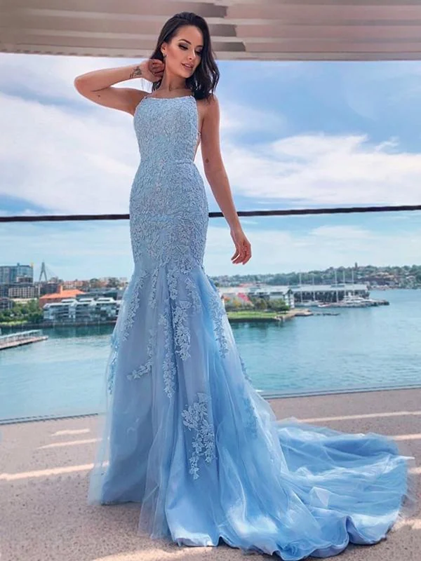 lace-up party dressesMermaid Backless Light Blue Lace Long Prom Dresses, Mermaid Blue Formal Dresses, Light Blue Lace Evening Dresses SP2127