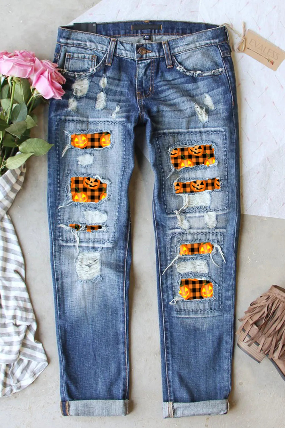 women's denim jeans for workoutsDistressed Pumpkin Pattern Jeans with Pockets