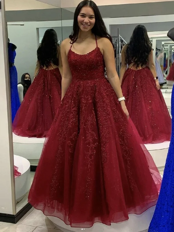 empire waist party dressesShiny Tulle Backless Burgundy Lace Long Prom Dresses, Burgundy Lace Formal Dresses, Burgundy Evening Dresses SP2214