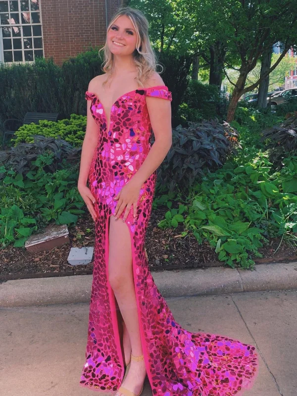 floral party dressesOff Shoulder Pink Sequins Mermaid long Prom Dresses with High Slit, Mermaid Pink Formal Graduation Evening Dresses SP2499