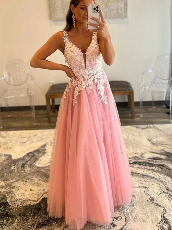 striped party dressesV Neck Open Back Beaded Pink Tulle Lace Long Prom Dresses, Floor Length Pink Formal Graduation Evening Dresses SP2257