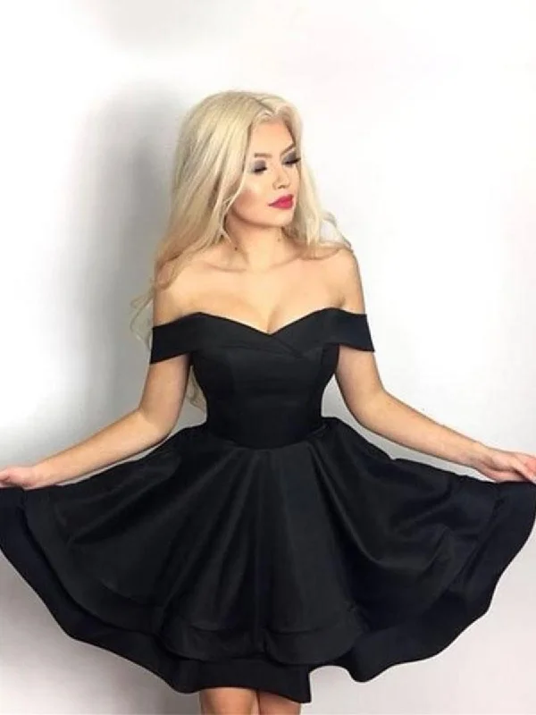 homecoming party dressesCute Black Off Shoulder Layered Satin Short Prom Dresses Homecoming Dresses, Off Shoulder Black Formal Dresses, Black Evening Dresses