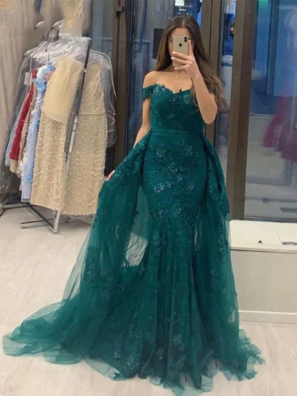 flutter-sleeve party dressesOff Shoulder Mermaid Green Lace Long Prom Dresses, Mermaid Green Lace Formal Dresses, Green Lace Evening Dresses SP2128