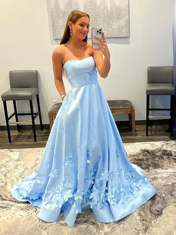 statement-making party dressesStrapless Light Blue Satin Long Prom Dresses with 3D Flowers, Long Light Blue Floral Formal Graduation Evening Dresses SP2365