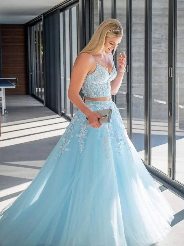 illusion-sleeve party dressesV Neck Open Back Two Pieces Blue Lace Long Prom Dresses, 2 Pieces Blue Formal Dresses, Blue Lace Evening Dresses SP2129