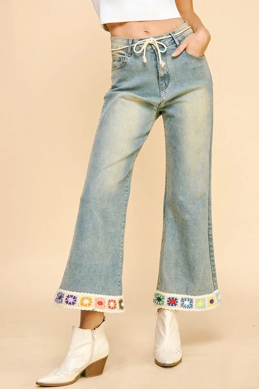 women's denim jeans for summerCrochet Trim Flare Jeans with Pockets