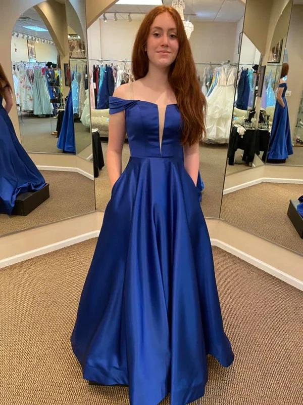 A-line party dressesOff Shoulder Royal Blue Satin Long Prom Dresses with Pocket, Long Royal Blue Formal Graduation Evening Dresses SP2344